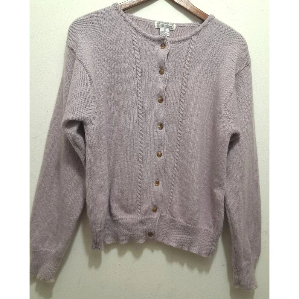 Vtg Gallagher Womens Shetland Wool Cable Knit Soft Size XL Cardigan  Lavender